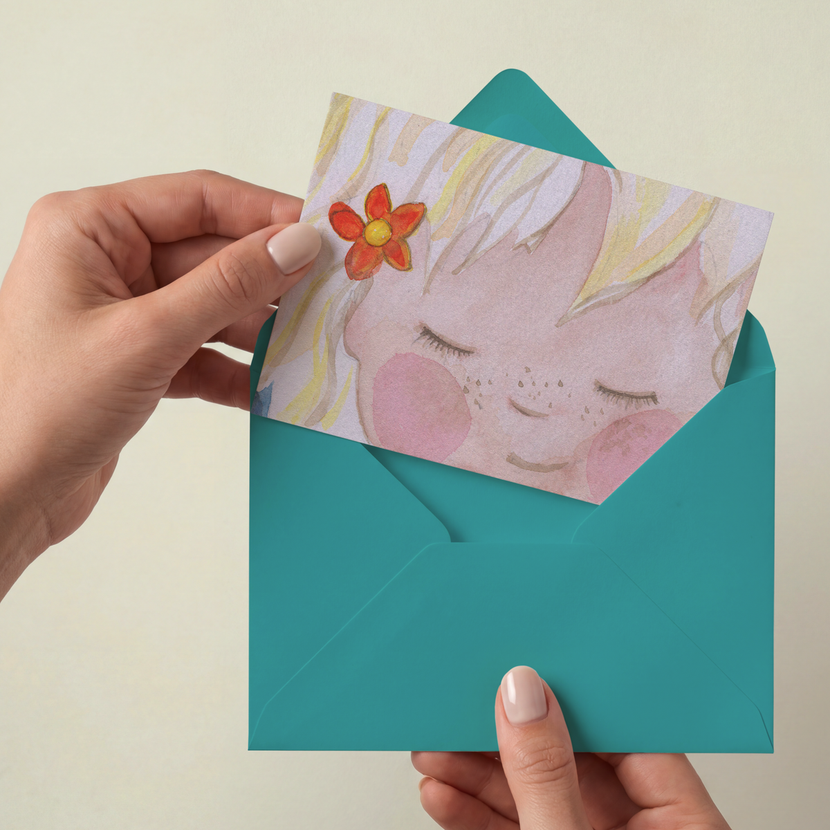 kaart, greetingcard, met meisje met bloem in haar haar,  aquarel illustratie, met envelop.