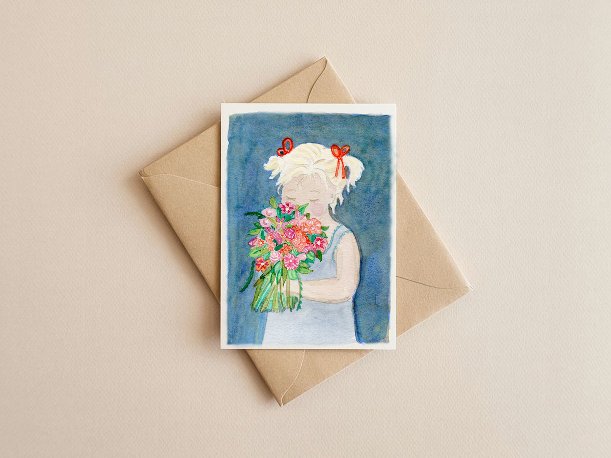 kaart, greetingcard, bloemen meisje met staartjes, studio springer