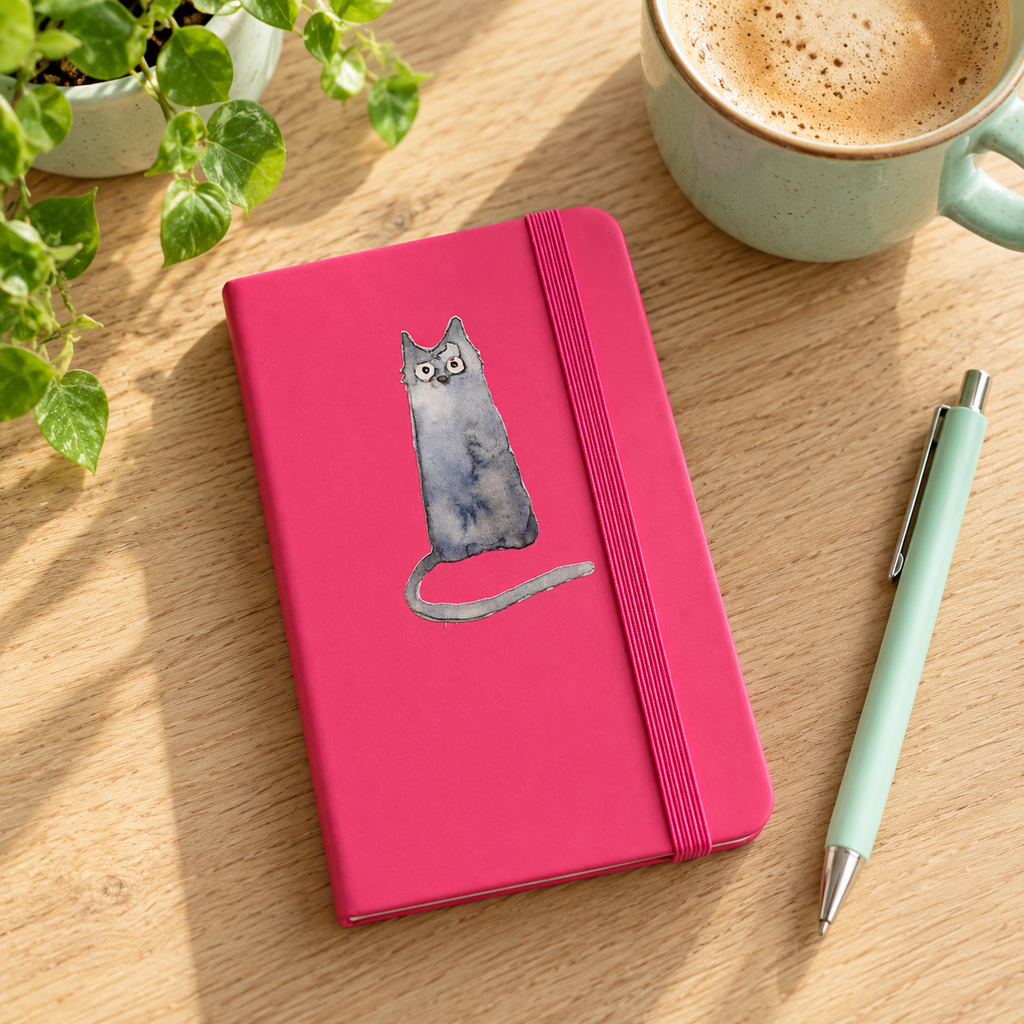 roze gelinieerd notitieboekje met blauwe kat / studio springer