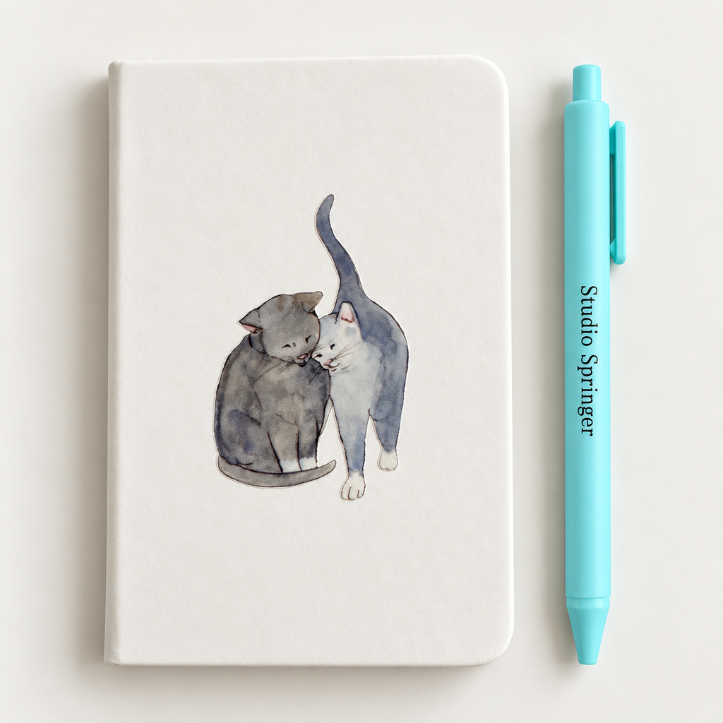 wit notitieboekje A6, met blauw katten paar, gelinieerde pagina's, / studio springer