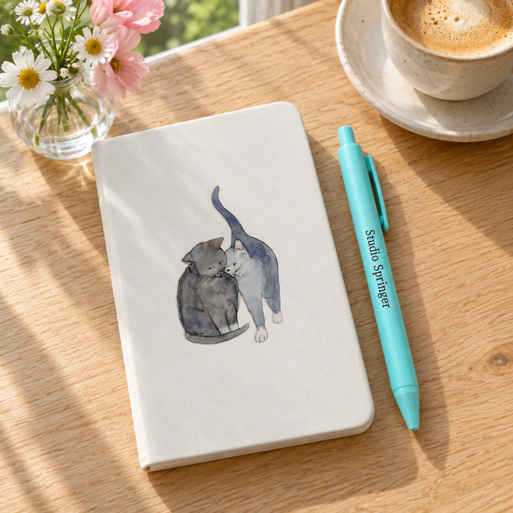 wit notitieboekje A6, met blauw katten paar, gelinieerde pagina's, / studio springer