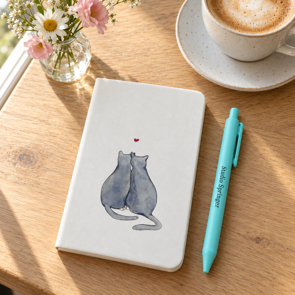 wit notitieboekje A6, met blauw katten paar, gelinieerde pagina's, / studio springer