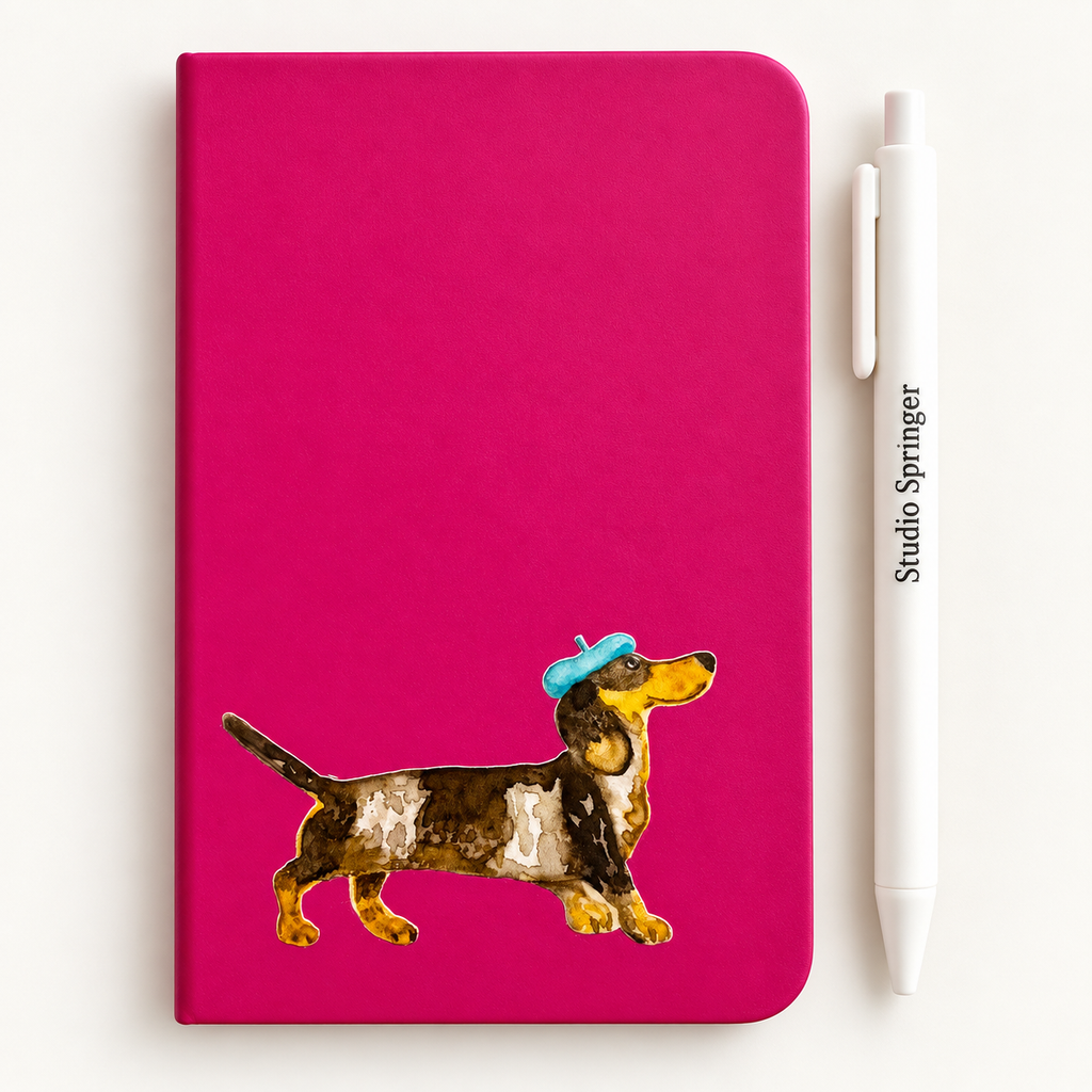 A6-notitieboek met teckel / dachshund en alpinopet - fuchsia