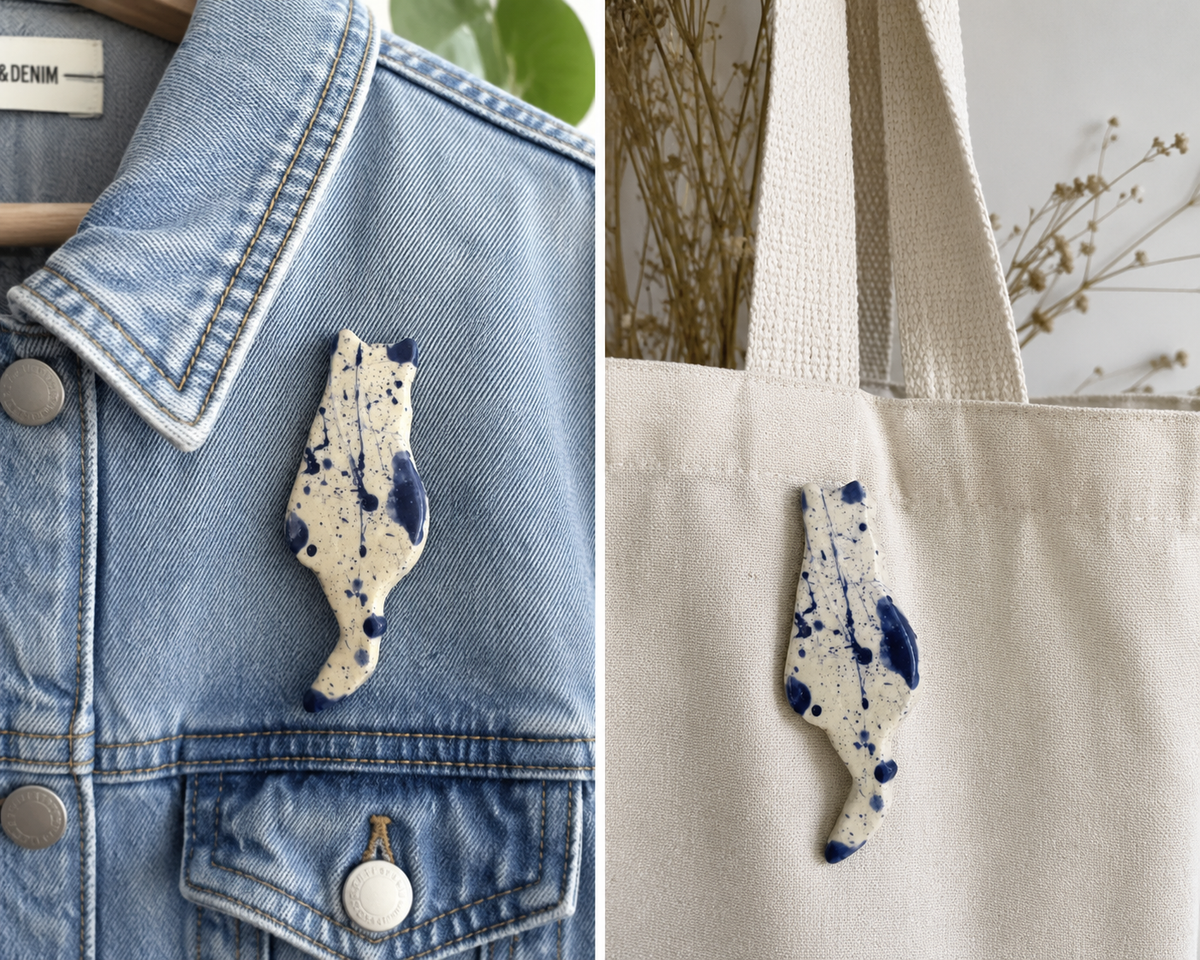 Keramieken Broche - Kat - Blauw-wit (prijs per stuk)