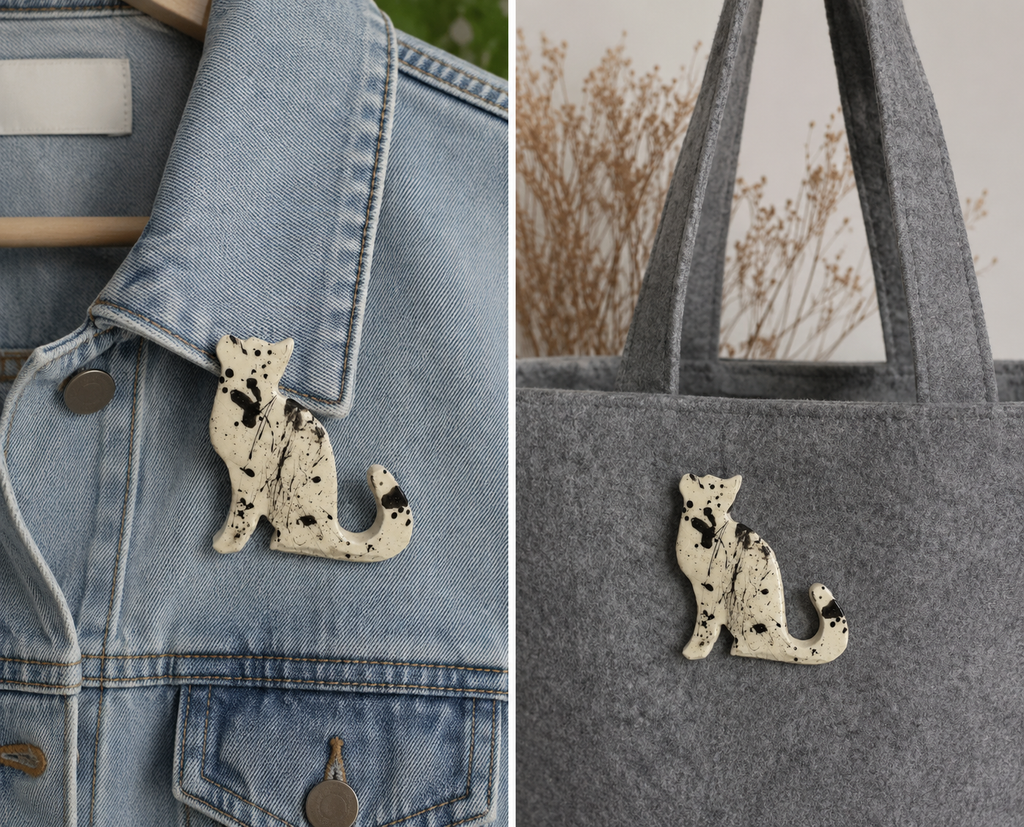Keramieken Broche - Kat - Zwart-Wit (prijs per stuk)