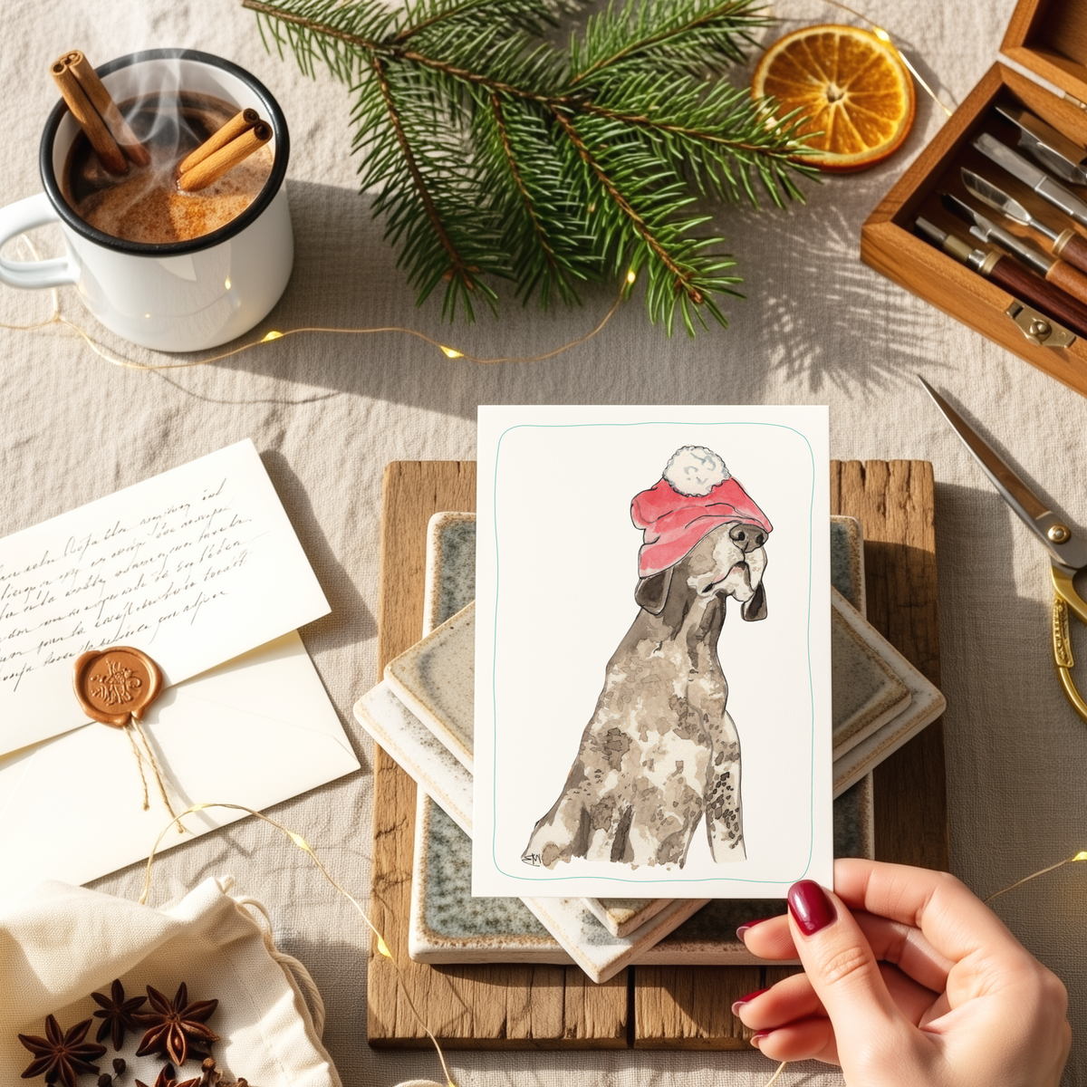 Hondenkaart | Pointer / Duitse Staander met kerstmuts | Vrolijke Honden Illustratie | Studio Springer