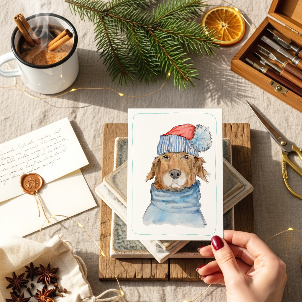 Hondenkaart | golden retriever met muts / Vrolijke Honden Illustratie | Studio Springer