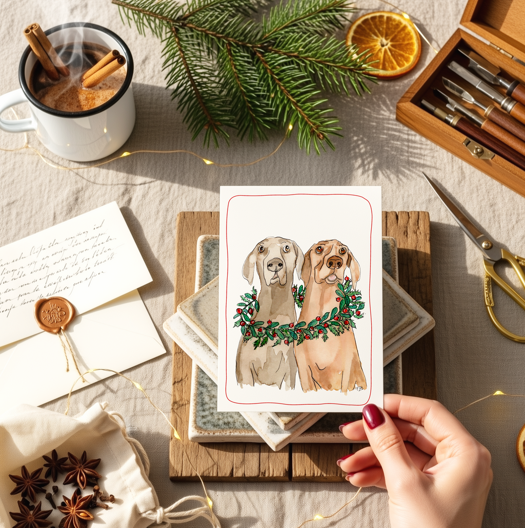 Hondenkaart | zilveren labrador en een blonde labrador in een kerstkrans / Vrolijke Honden Illustratie | Studio Springer