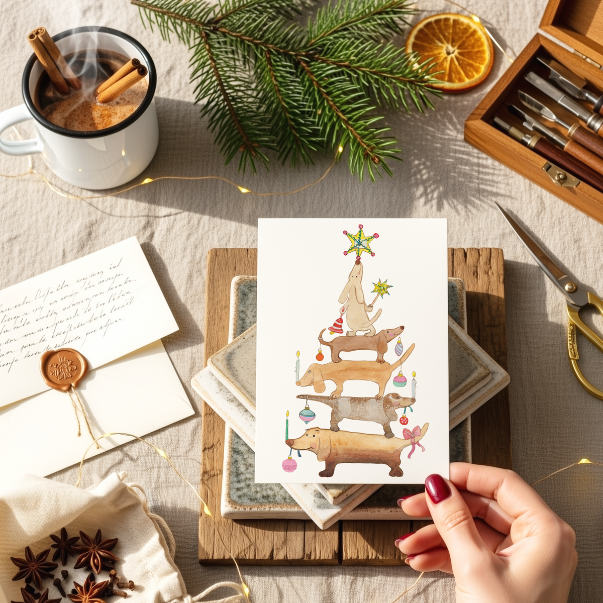 Hondenkaart | kerstboom van gestapelde teckels / dachshund / Vrolijke Honden Illustratie | Studio Springer