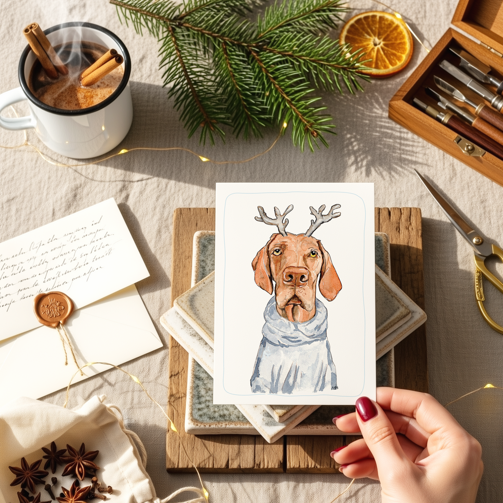 Hondenkaart | Vizsla met gewei / Hongaarse pointer / Vrolijke Honden Illustratie | Studio Springer