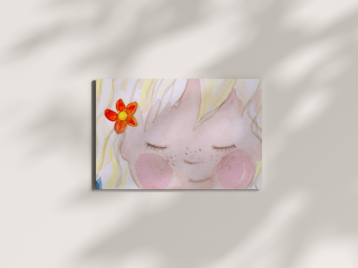 kaart, greetingcard, met meisje met bloem in haar haar,  aquarel illustratie, met envelop.