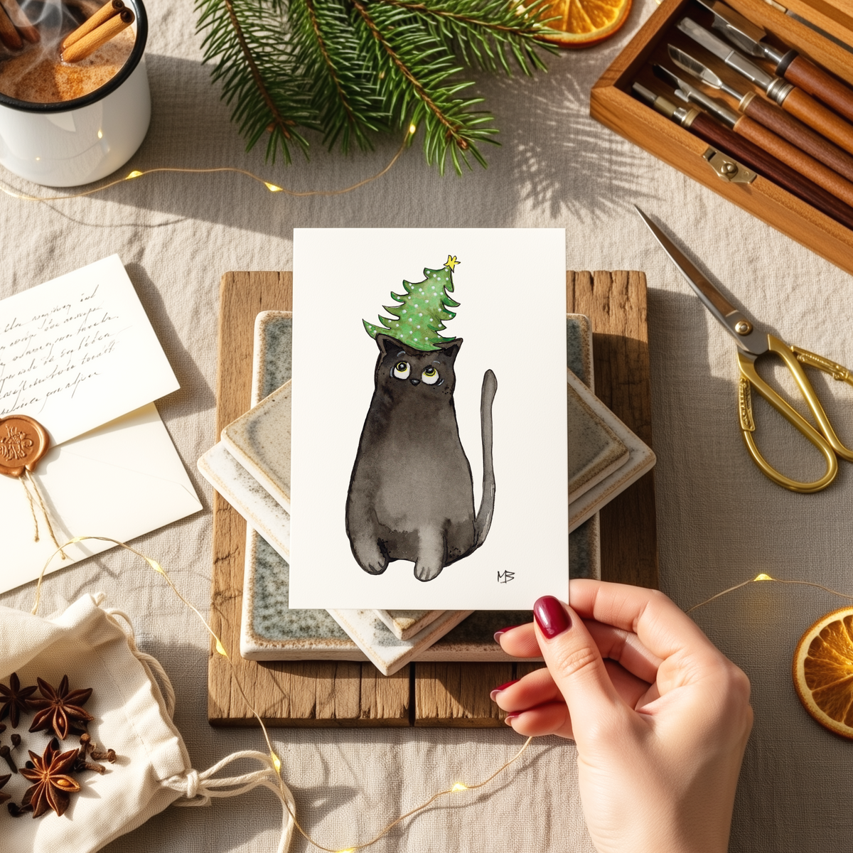 Kerstkaart met zwarte kat / Black solid /Bombay cat | Aquarel | Studio Springer