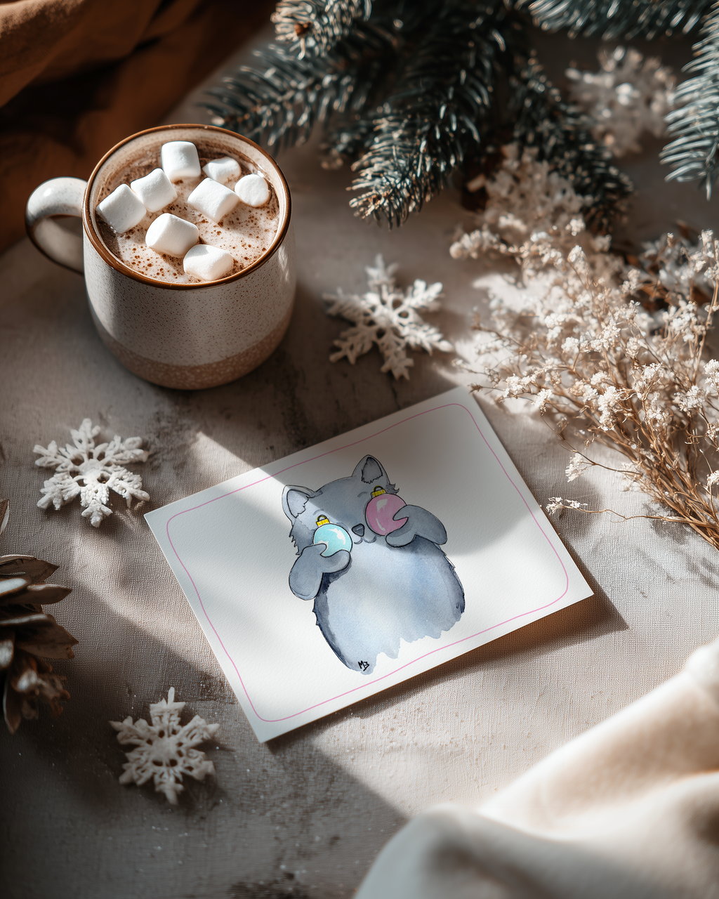 Kerstkaart met lapjes kat / Calico cat / Tortoiseshell-and-white cat | Aquarel | Studio Springer (kopie)