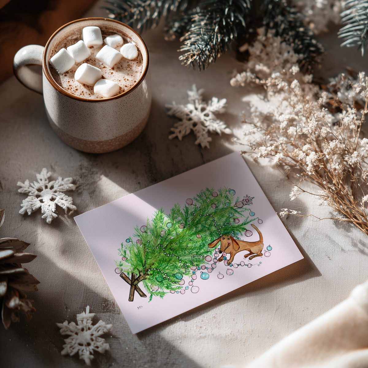 Hondenkaart | stoute teckel met een kerstboom / dachshund / Vrolijke Honden Illustratie | Studio Springer