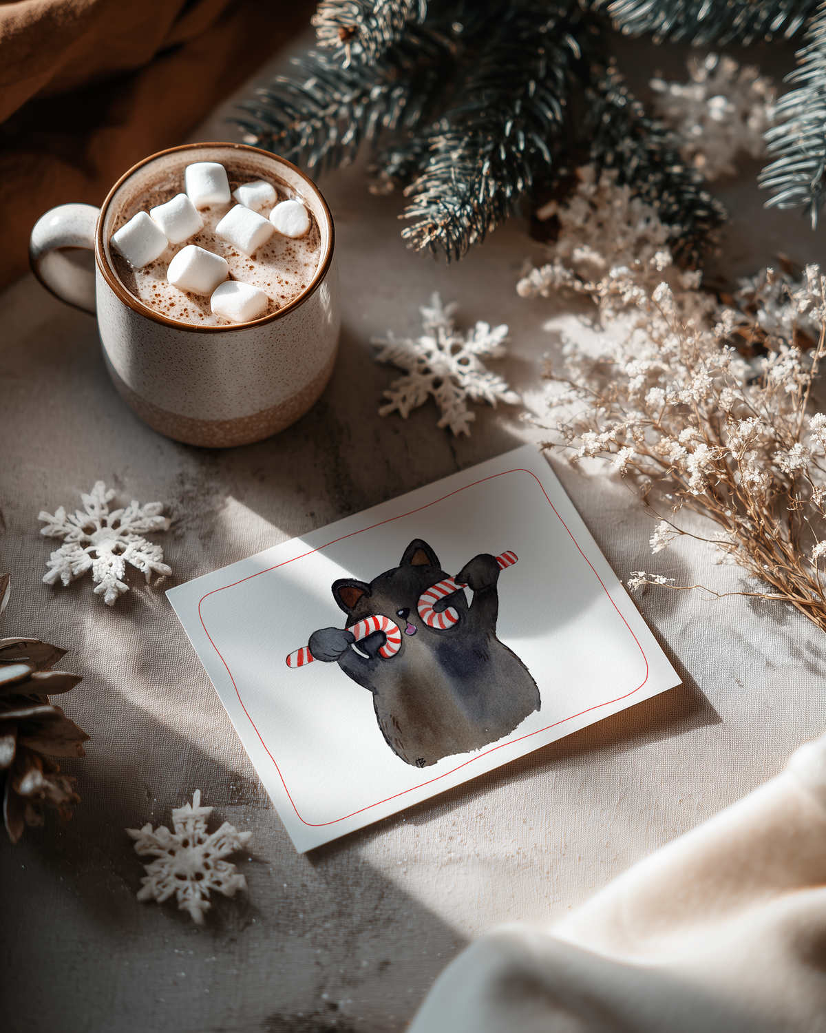 Kerstkaart met zwarte kat / Black solid /Bombay cat | Aquarel | Studio Springer