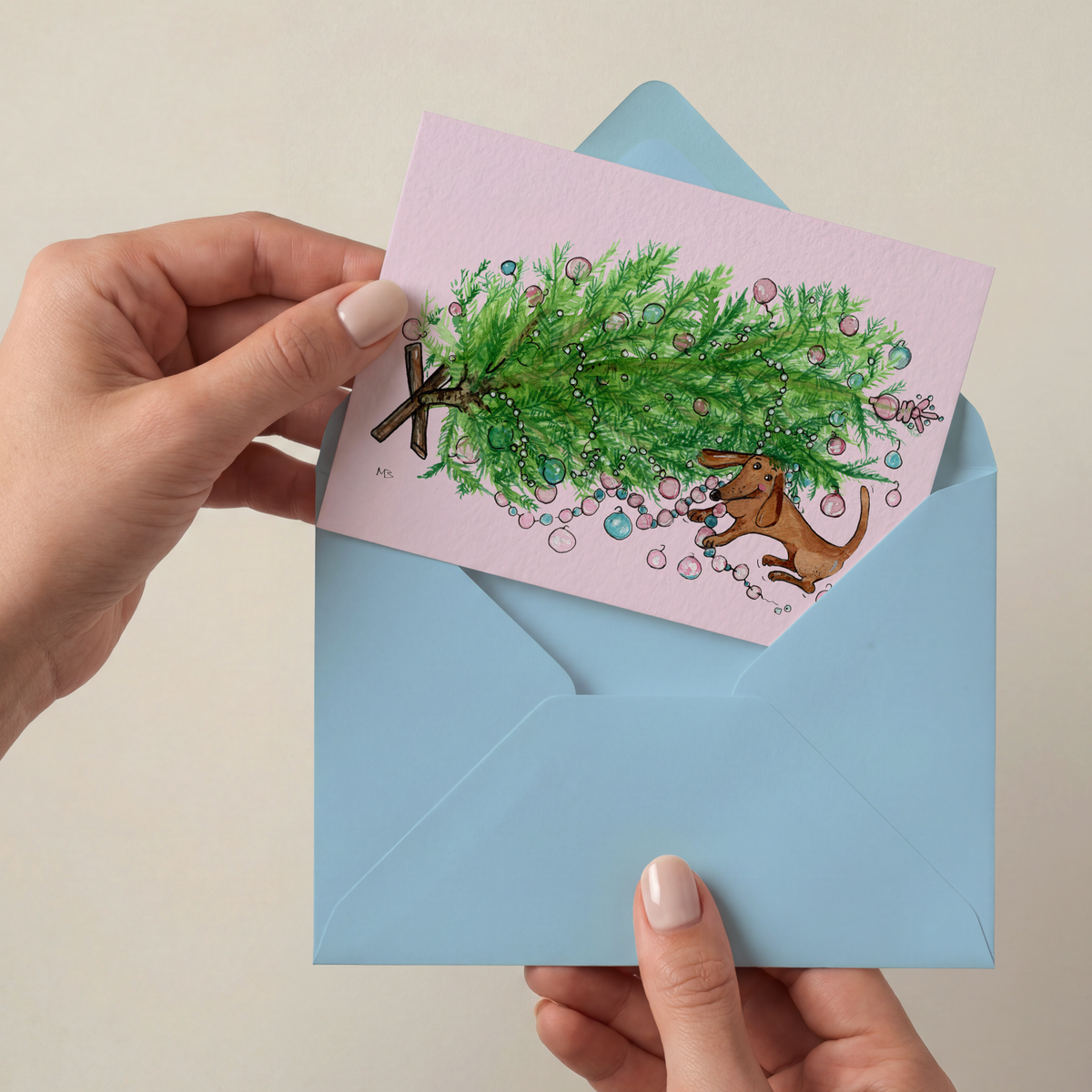 Hondenkaart | stoute teckel met een kerstboom / dachshund / Vrolijke Honden Illustratie | Studio Springer