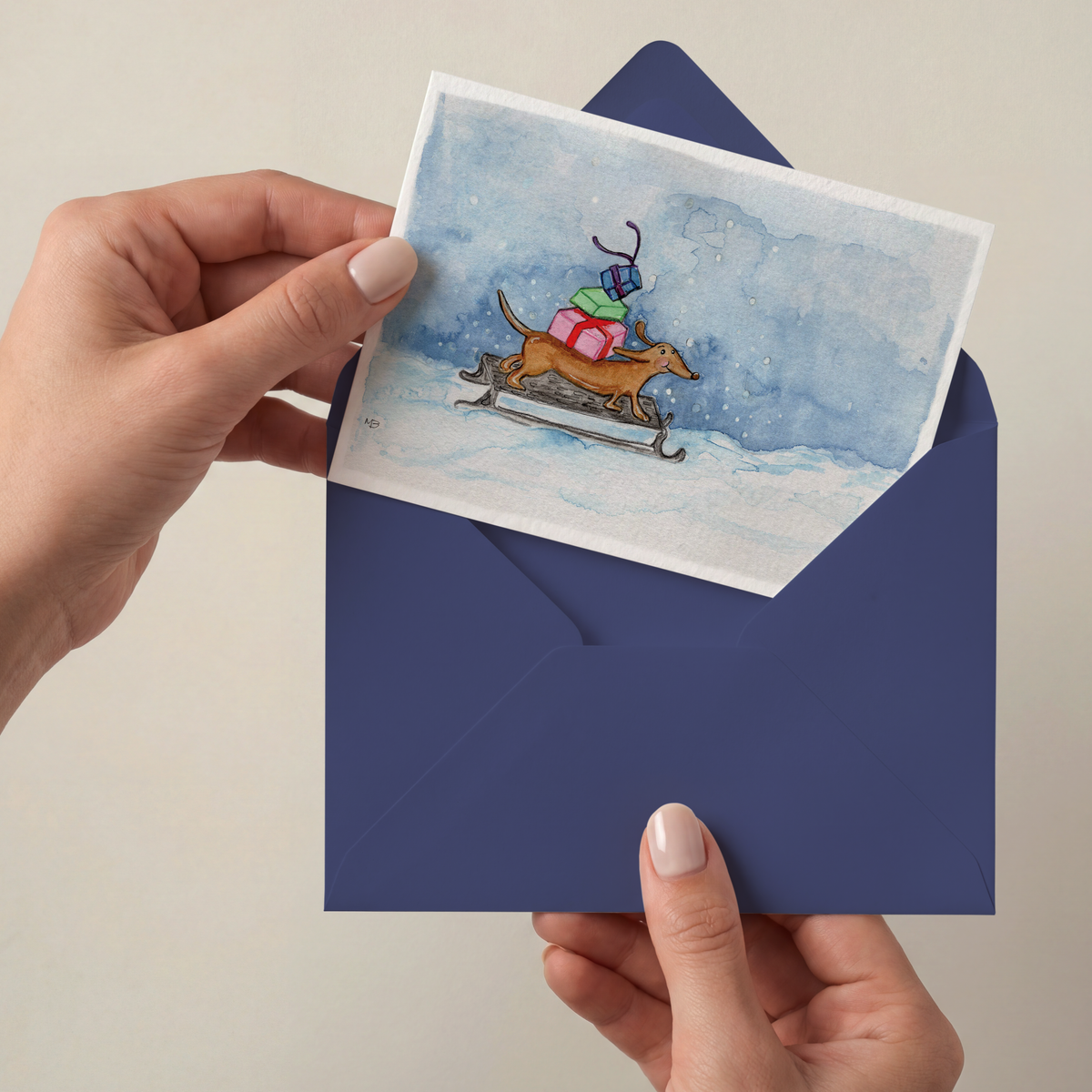 Hondenkaart | teckel met een slee vol cadeautjes / dachshund / Vrolijke Honden Illustratie | Studio Springer