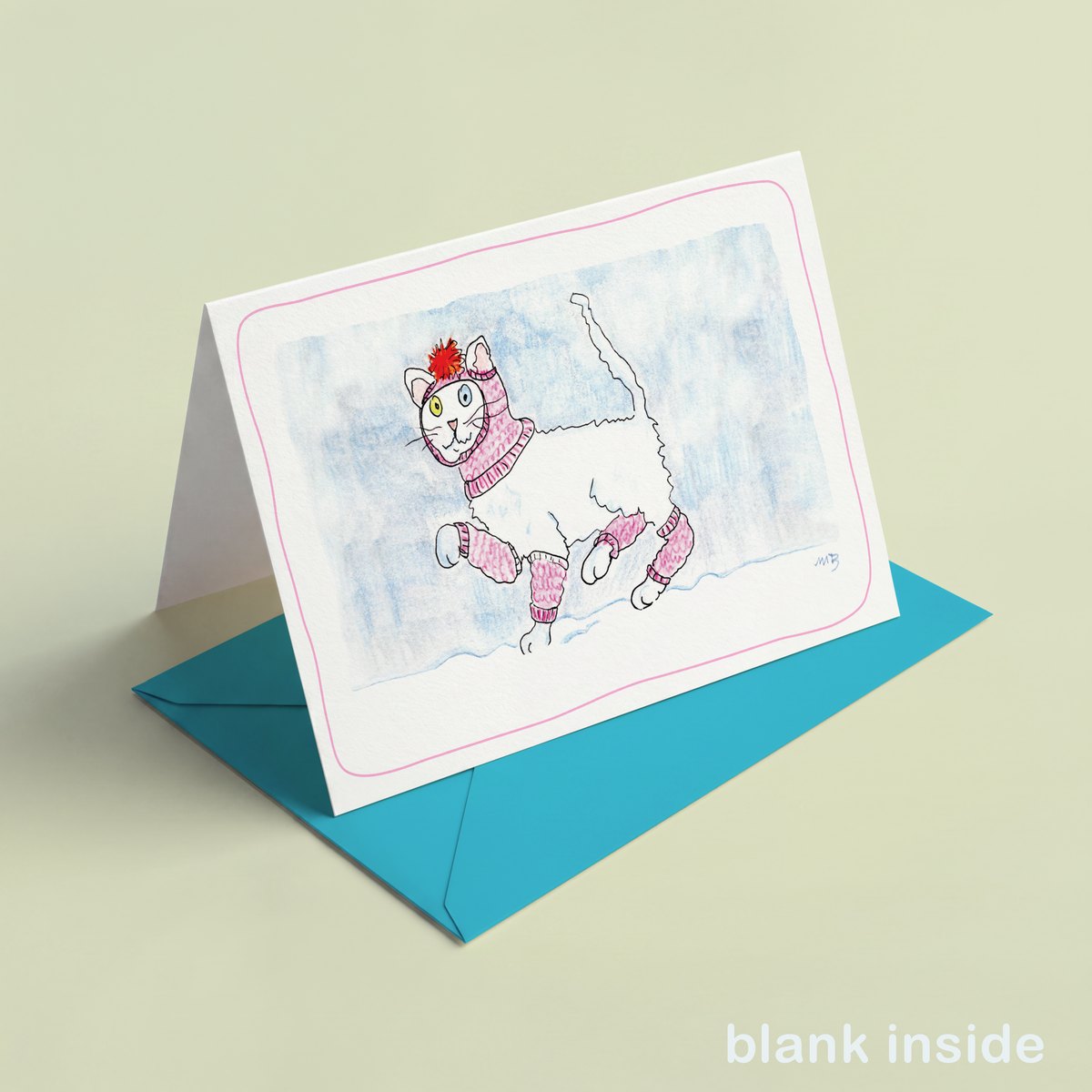 Kerstkaart witte kat/ diamantoog-katten/Odd-eyed | Aquarel | Studio Springer