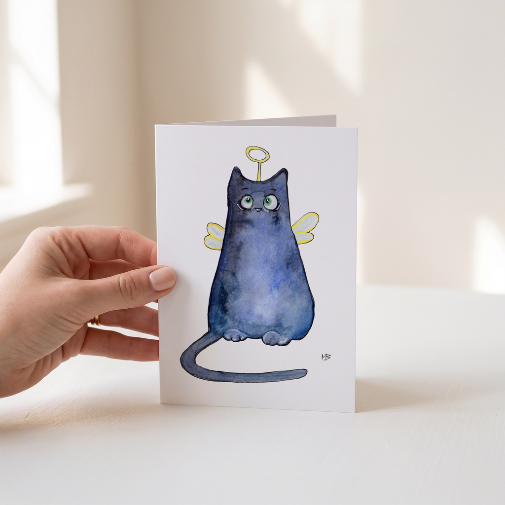 Kerstkaart met blauwe kat / Britse korthaar / Chartreux | Aquarel | Studio Springer