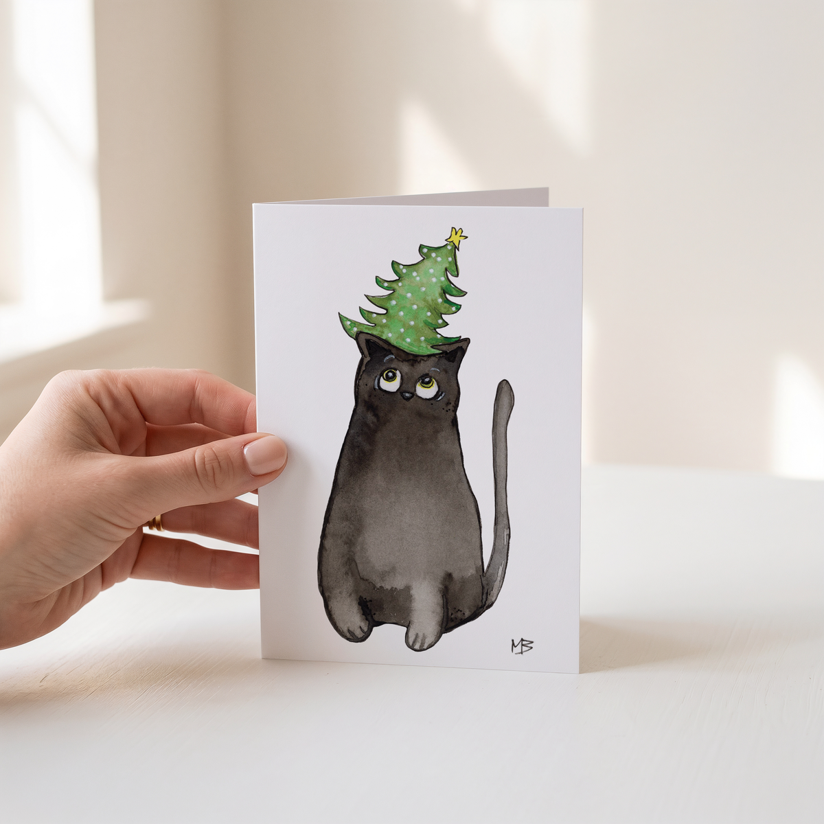 Kerstkaart met zwarte kat / Black solid /Bombay cat | Aquarel | Studio Springer (kopie)