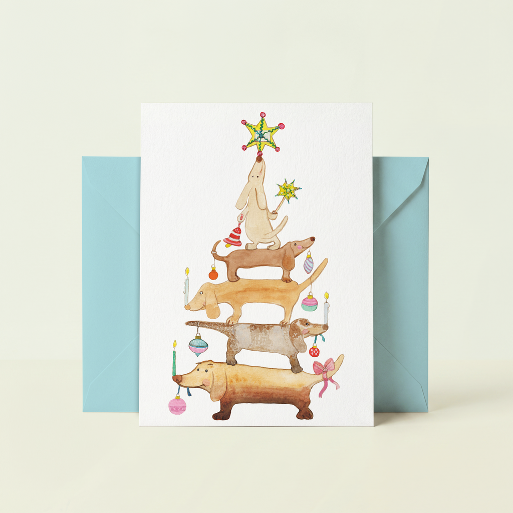 Hondenkaart | kerstboom van gestapelde teckels / dachshund / Vrolijke Honden Illustratie | Studio Springer