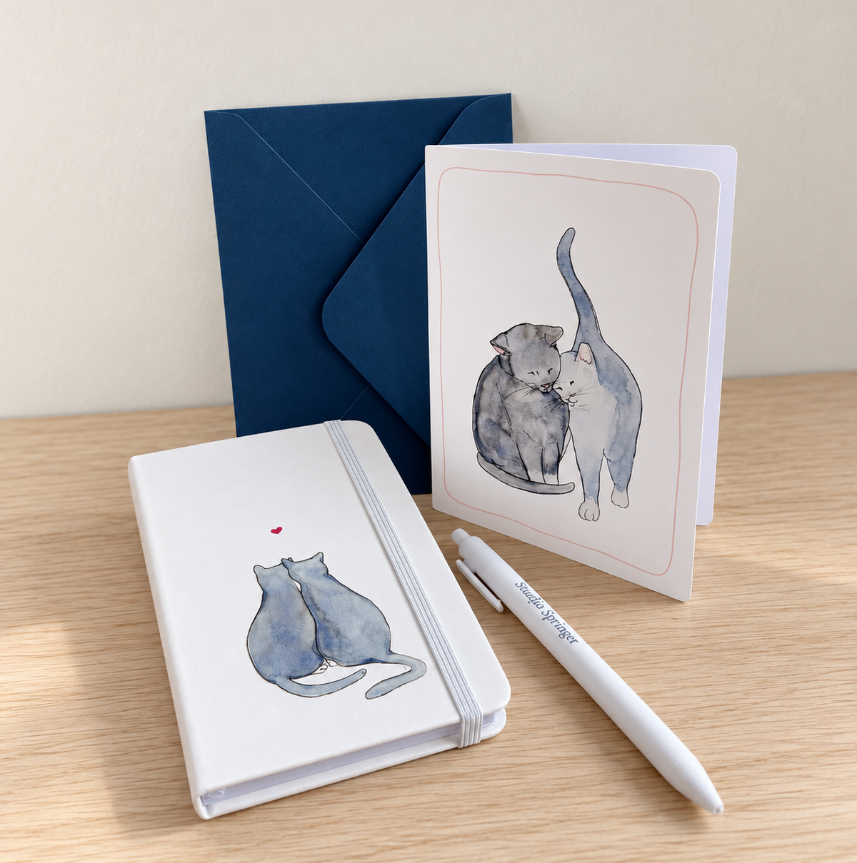 cadeauset voor katten liefhebbers – wit gelinieerd  notitieboekje met kaart